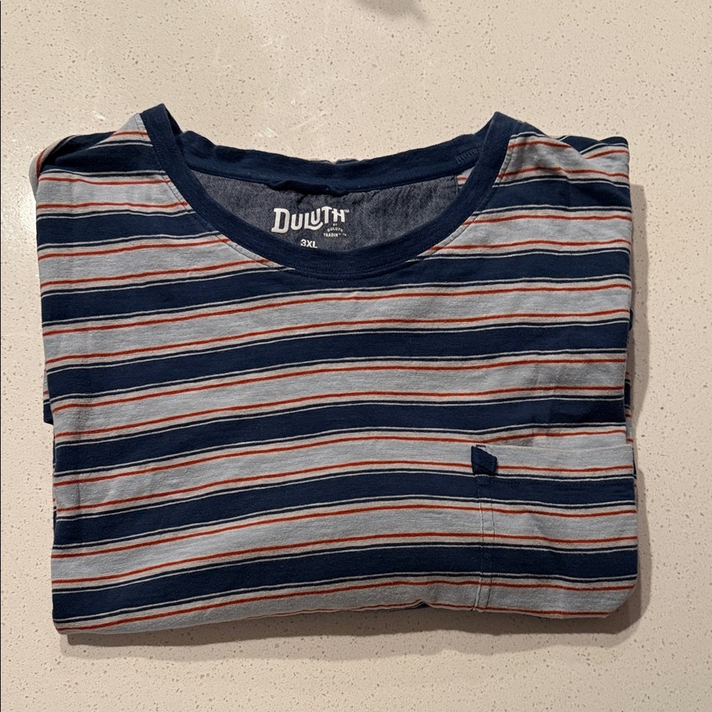 Duluth Trading Co Blue and Orange Striped Tee